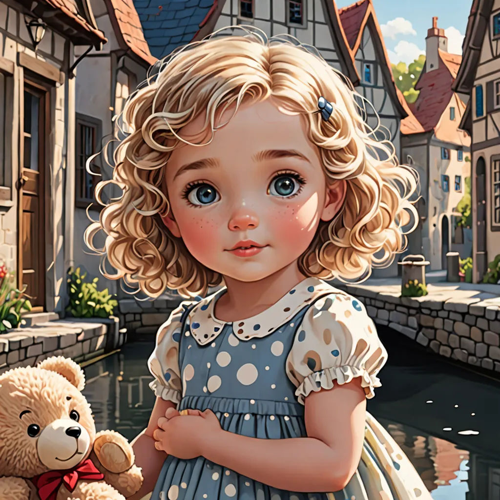 a painting of a little girl holding a teddy bear in front of a river and houses with a bridge, photorealism, a detailed painting, Bob Byerley, highly detailed digital painting