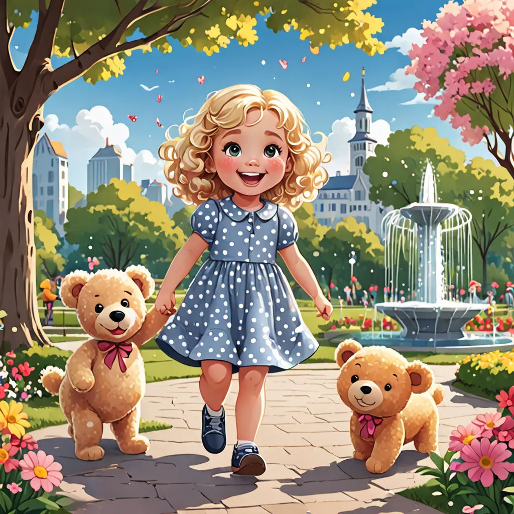 a little girl walking with two teddy bears in a park with a fountain in the background and a fountain in the foreground, naive art, a storybook illustration, Caroline Lucy Scott, official art