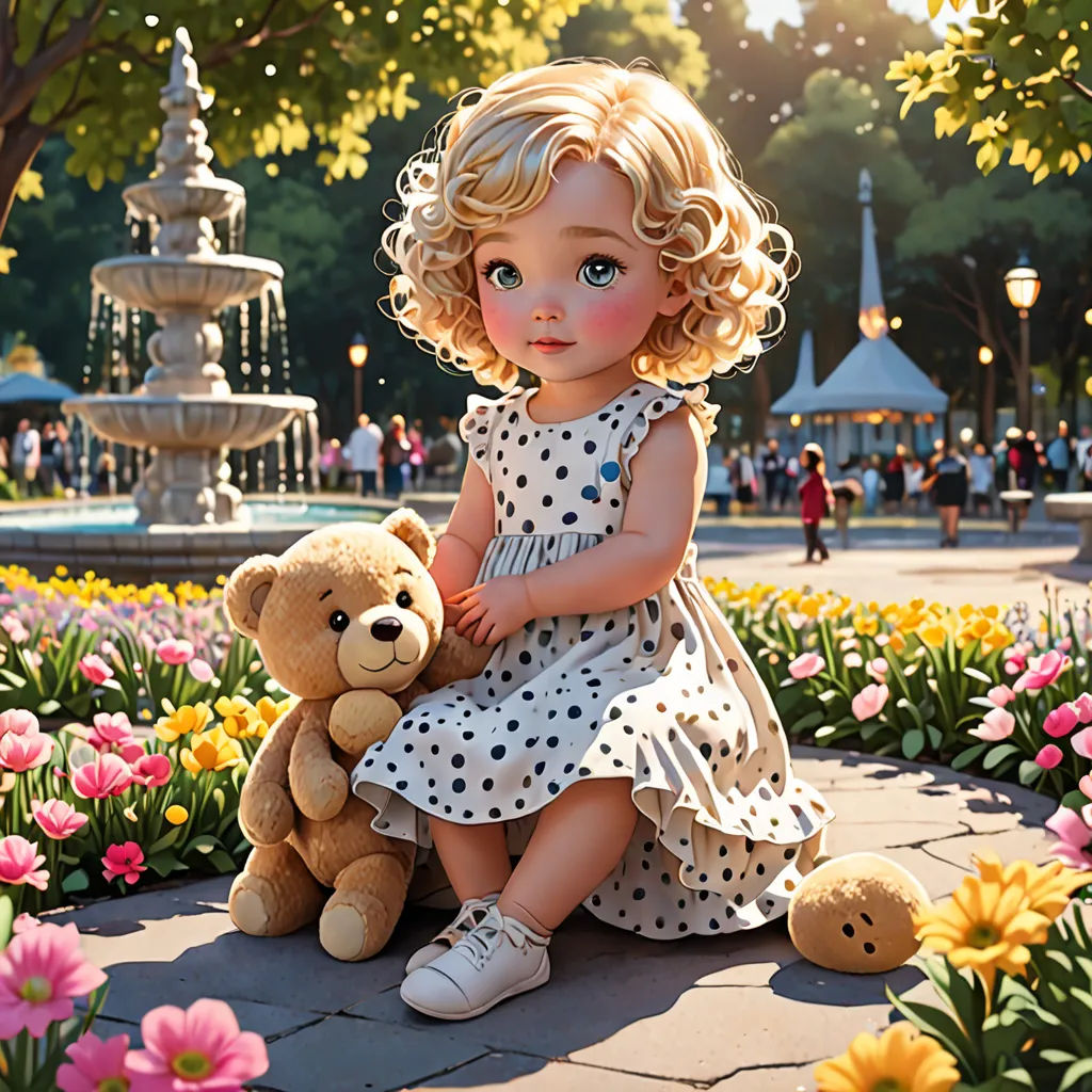 a little girl sitting on a flower bed with a teddy bear in her lap and a fountain in the background, photorealism, a storybook illustration, disney, pixar and disney animation
