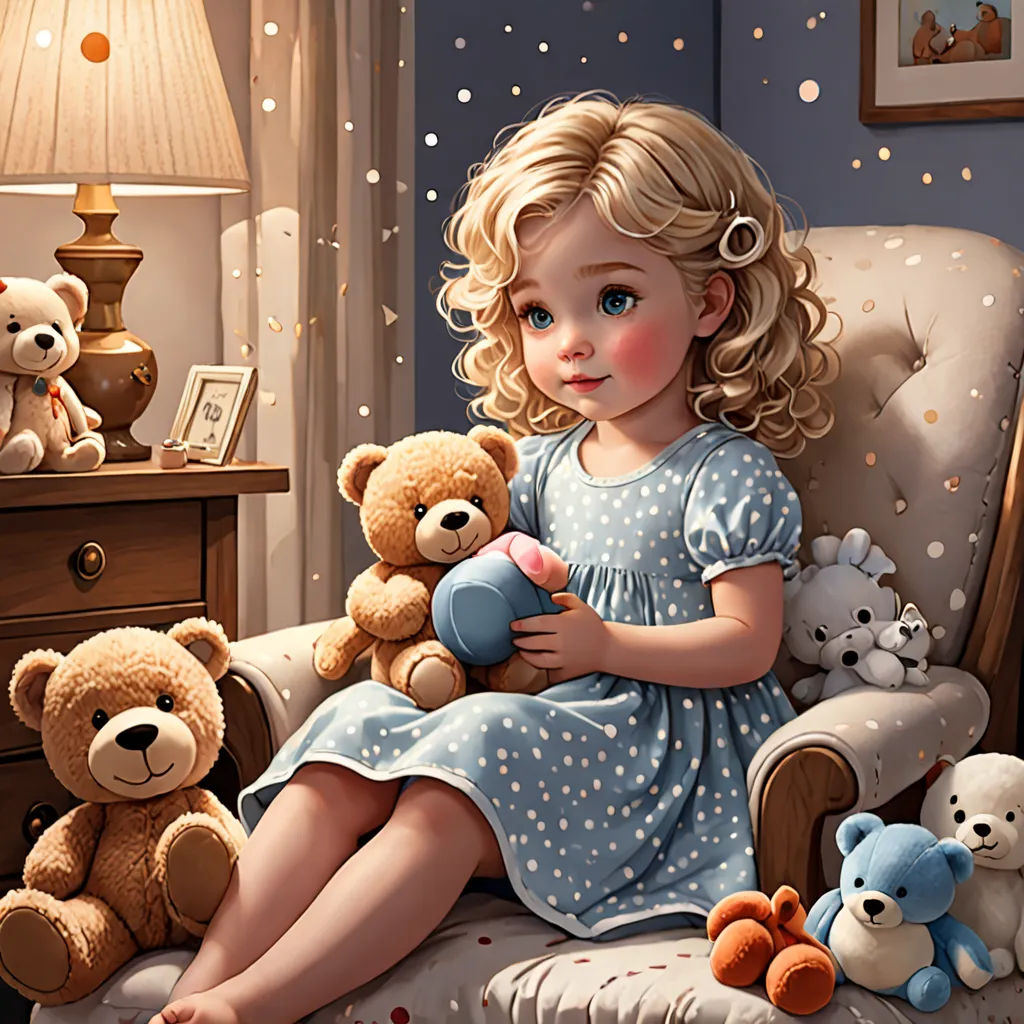 a painting of a little girl sitting in a chair with her teddy bears and a lamp on the side table, figurative art, a storybook illustration, Caroline Lucy Scott, highly detailed digital painting