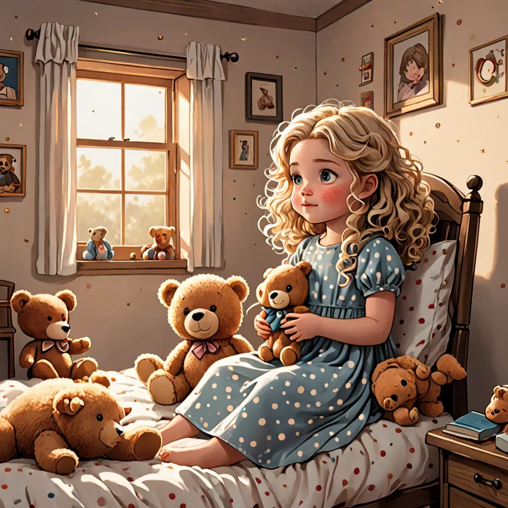 a little girl sitting on a bed with teddy bears in her room, and a window with a picture of a girl and her teddy bear, photorealism, a storybook illustration, Bob Byerley, highly detailed digital painting