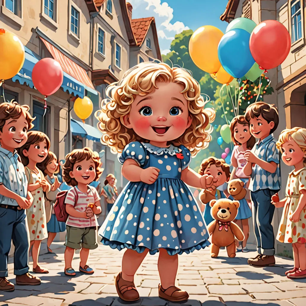 a cartoon of a little girl surrounded by children and balloons in a town square with a teddy bear in the foreground, naive art, a storybook illustration, Bob Byerley, storybook illustration