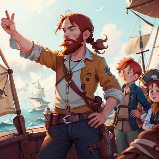 a man pointing at something while standing on a boat with other people in the background and a pirate ship in the background