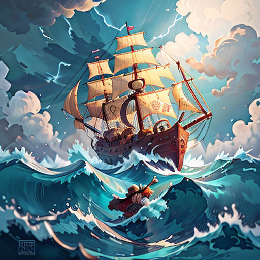 a painting of a ship in the ocean with a man in a boat below it and a man in a boat below it