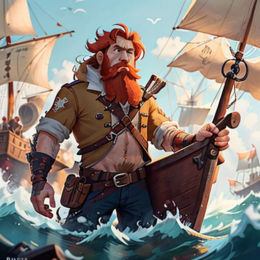 a man with a beard and a beard in a pirate ship with a red beard and a beard on