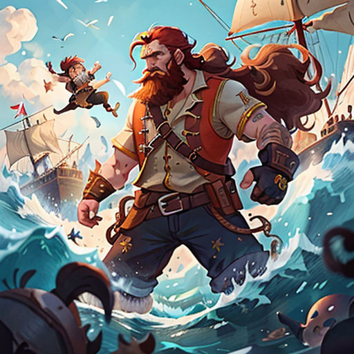 a man with a beard and beard standing in the ocean next to a pirate ship with a beard and a beard