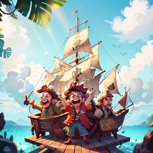 a cartoon pirate ship with three men on it in the ocean with a pirate flag on the ship and a pirate flag on the boat