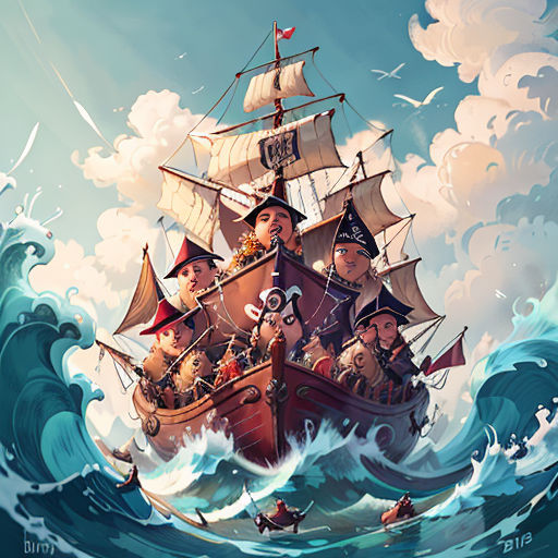 a painting of a pirate ship in the ocean with a lot of people on it and a lot of waves