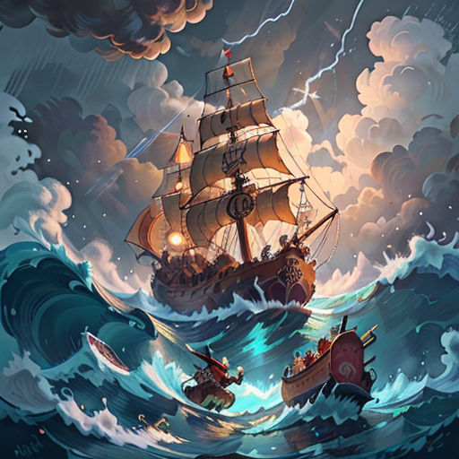 a painting of a ship in the ocean with a lightning behind it and a boat in the water with a lightening bolt