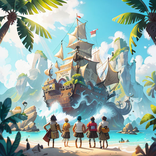 a group of people standing on top of a beach next to a boat in the ocean with a pirate ship in the background