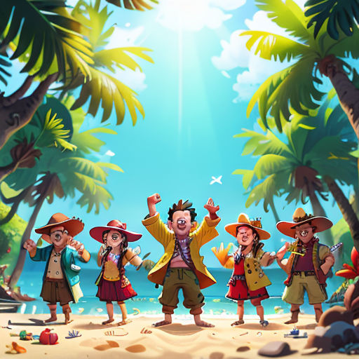 a group of people standing on top of a beach next to palm trees and a blue sky with a sun