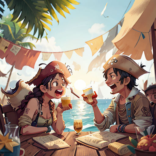 a couple of people sitting at a table with drinks and books on it, with a pirate theme on the background