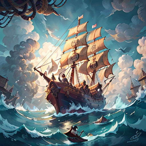 a painting of a ship in the ocean with a sky background and clouds above it, with a man rowing a boat in the water