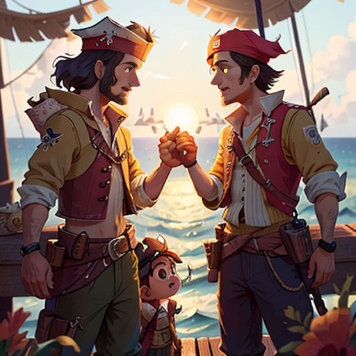 two people standing on a dock near the ocean holding hands with a pirate ship in the background, and a ship in the background