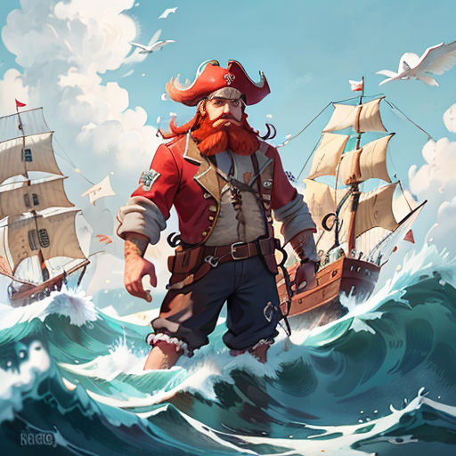 a painting of a pirate in the ocean with a ship in the background and a bird flying over it