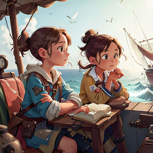 two girls sitting at a table with a book in front of them and a ship in the background with birds flying overhead