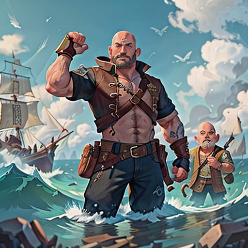 a man standing in the water with two other men in front of him and a ship in the background