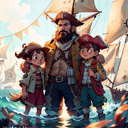 a man and two children standing in front of a pirate ship with a pirate flag on it's chest