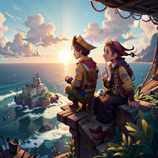 two people sitting on a wooden platform overlooking the ocean and a boat in the distance with a sky background
