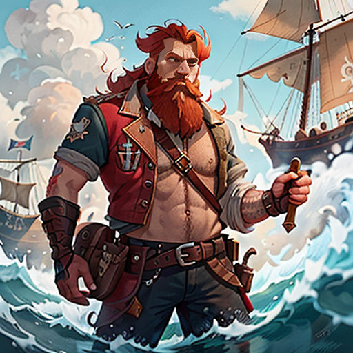 a man with a beard and a beard standing in the ocean with a pirate ship in the background,