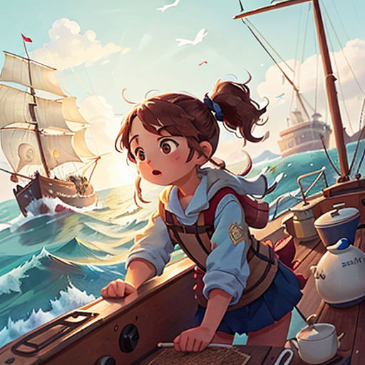 a girl on a boat with a pirate ship in the background and a bird flying over her head, and a ship in the background