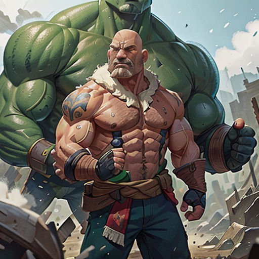 a man with a huge muscular body and a huge green hulk in his hands, standing in front of a city