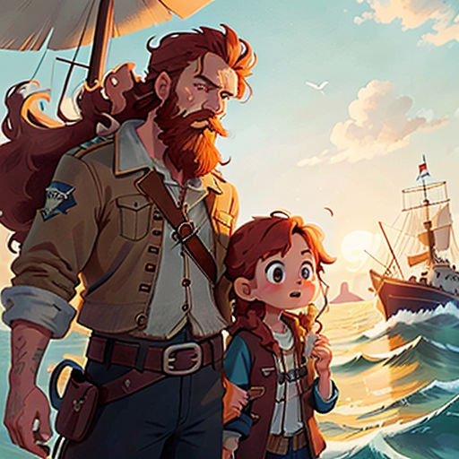 a man and a child standing in front of a ship in the ocean with a pirate ship in the background