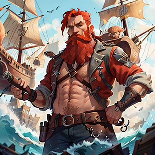 a man with a beard and a beard standing in front of a ship in the ocean with a pirate on it