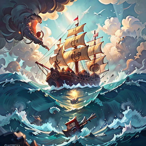 a painting of a ship in the ocean with a shark coming out of it's mouth and a ship in the middle of the ocean