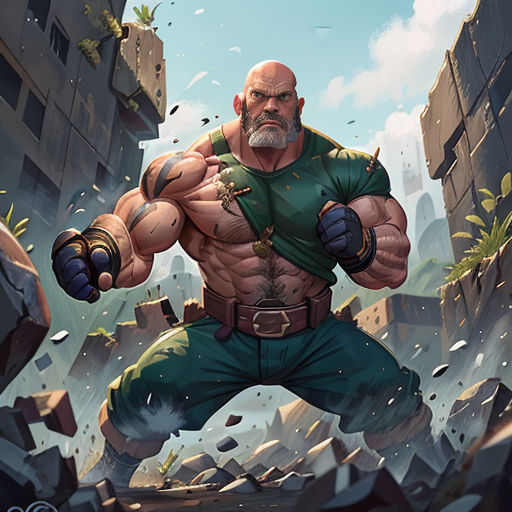 a man with a beard and a beard in a green outfit standing in a city with rubbles and buildings