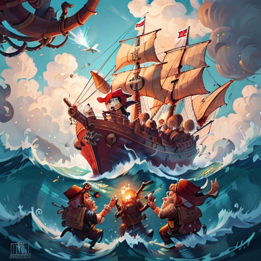 a painting of a pirate ship in the ocean with other people on it and a pirate ship in the background