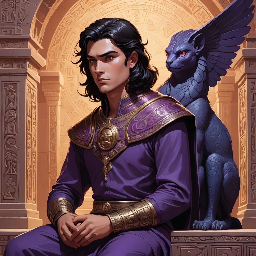 a man in a purple outfit sitting next to a blue dragon on a ledge with a golden border around his neck, fantasy art, a character portrait, Brothers Hildebrandt, epic fantasy character art