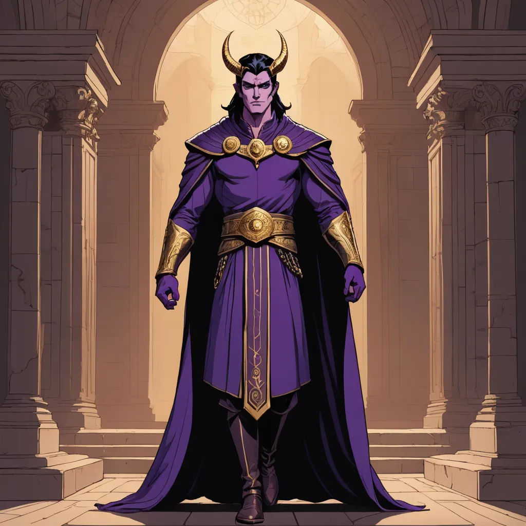 a man in a purple outfit standing in a doorway with a horned head and horns on his head and a purple cape, sumatraism, concept art, Benjamin Marra, purple