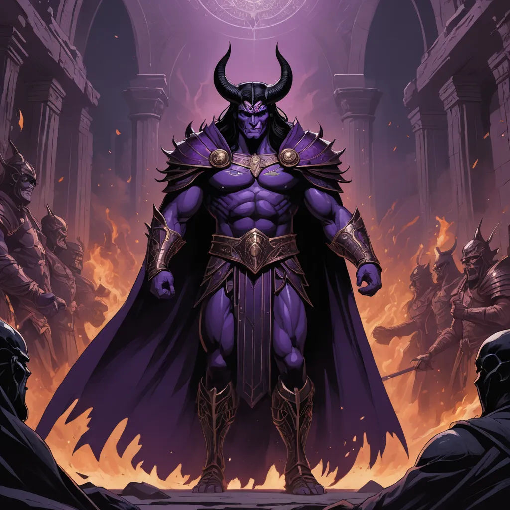 a man in a purple costume standing in a cave with a demon on his back and a demon on his chest, fantasy art, concept art, Art of Brom, magic the gathering artwork