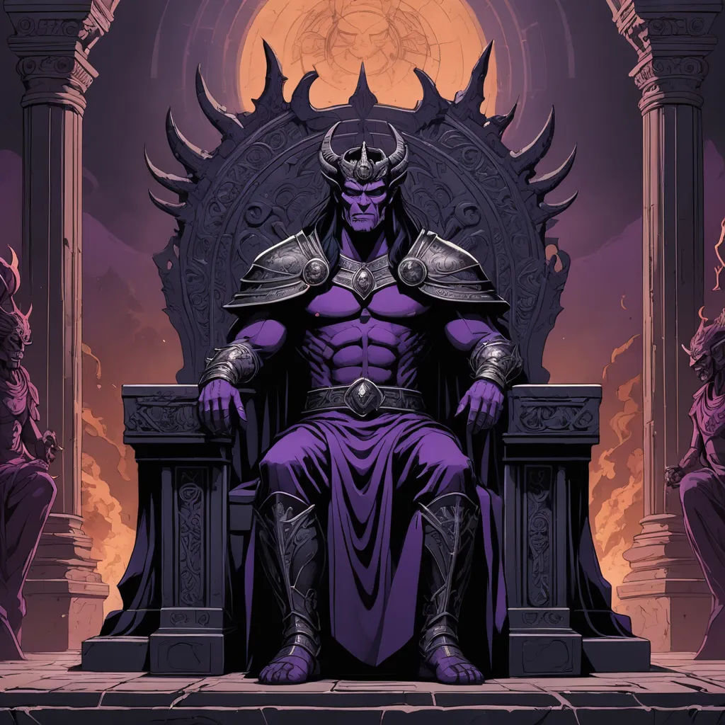 a man sitting on a throne with a horned head and horns on his head, in front of a full moon, fantasy art, concept art, Art of Brom, purple
