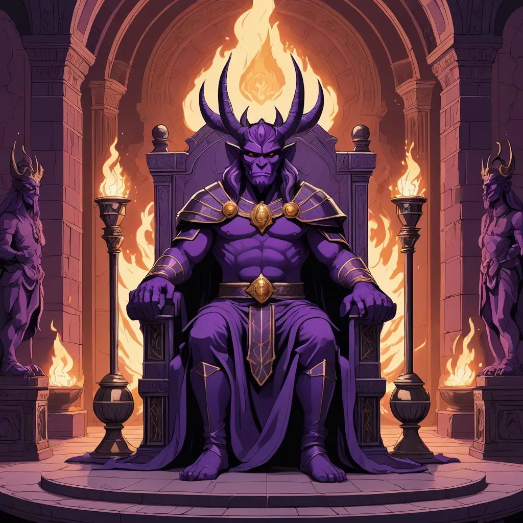 a purple demon sitting on a throne in a room with fire and statues around it, with a fire burning behind it, fantasy art, concept art, Art of Brom, purple