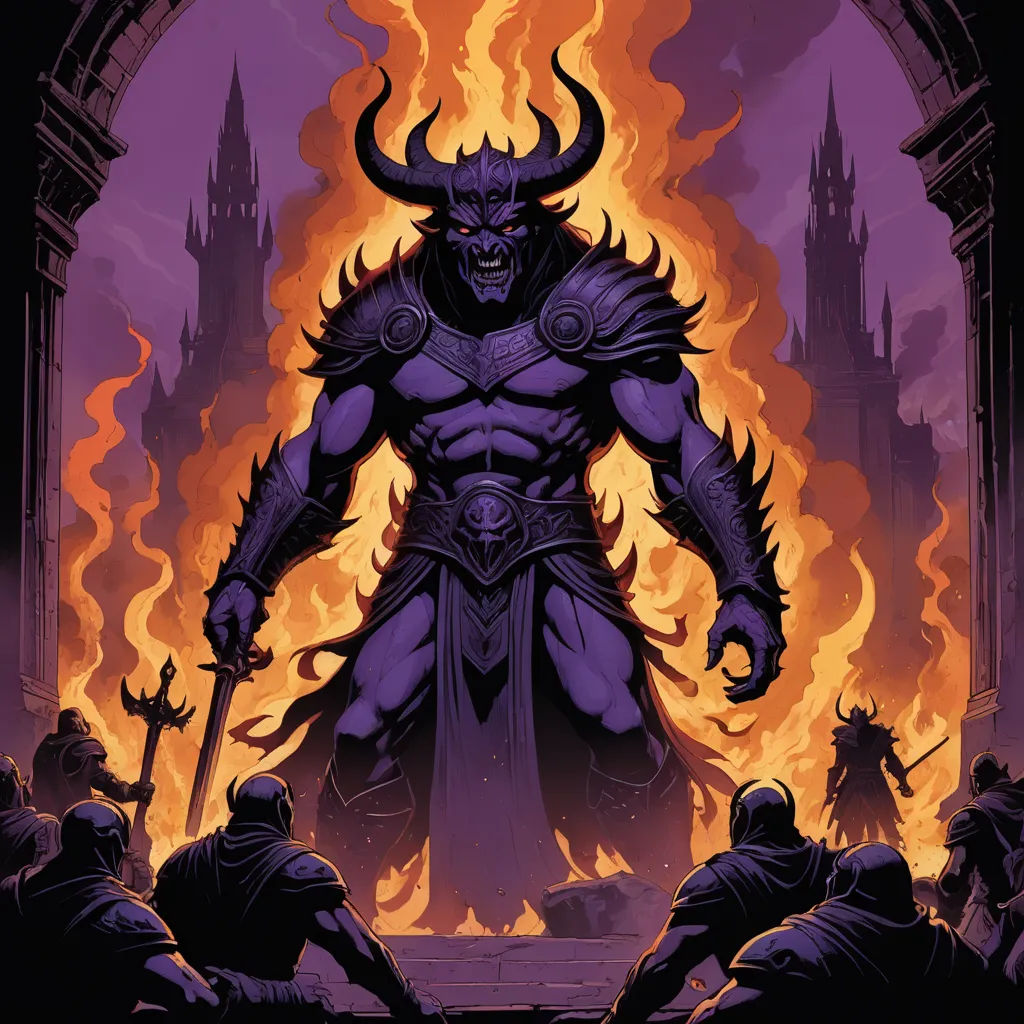 a demonic demon standing in front of a fire filled castle with flames behind him and a demon on his back, fantasy art, concept art, Art of Brom, magic the gathering artwork