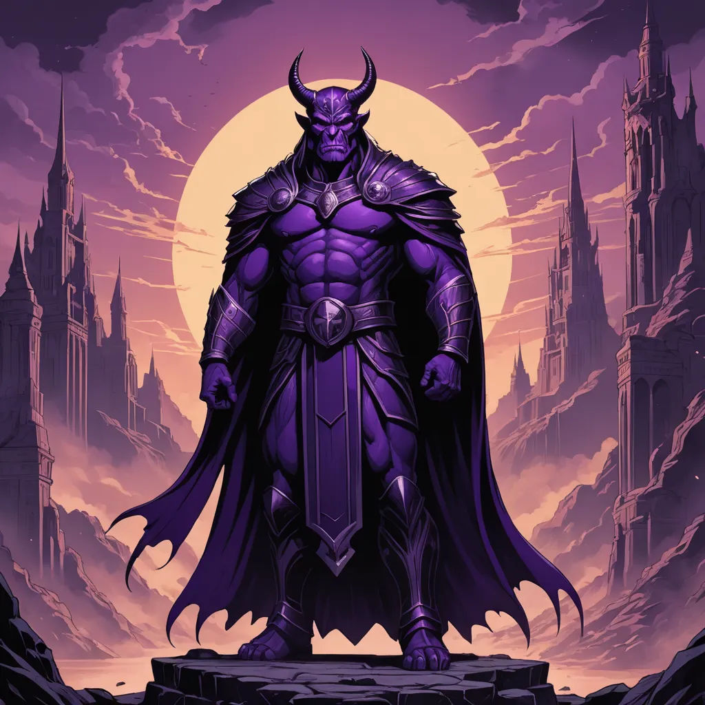 a purple and black illustration of a male knight standing in front of a castle with a giant purple demon on it, fantasy art, concept art, Anne Stokes, purple