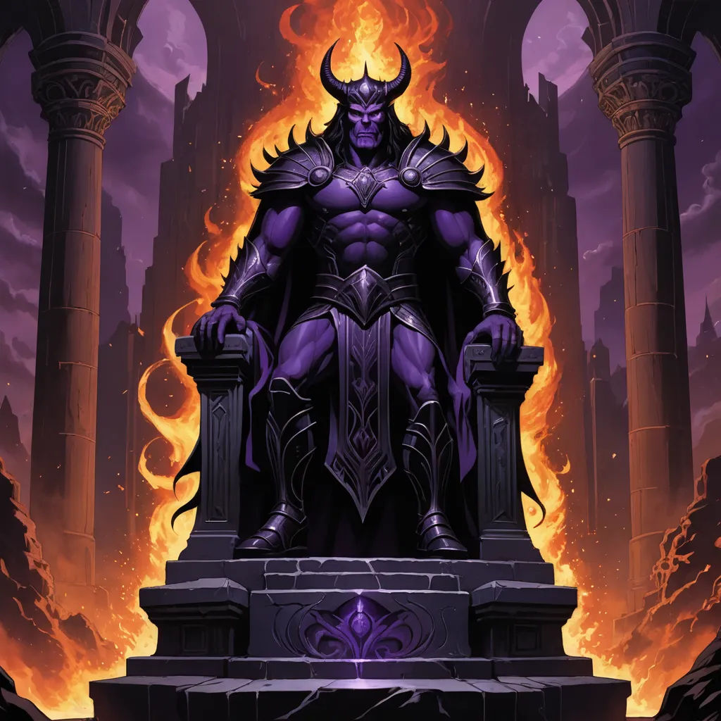 a purple and black statue with flames surrounding it and a demon on top of it, surrounded by pillars, fantasy art, concept art, Art of Brom, purple