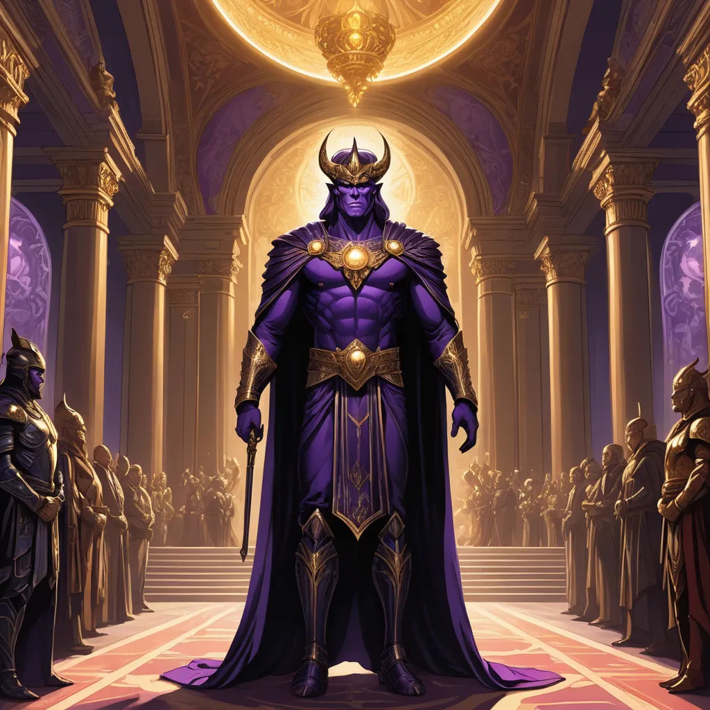 a man dressed in a purple costume standing in a hall with other men in costume around him and a golden crown on his head, fantasy art, concept art, Art of Brom, purple