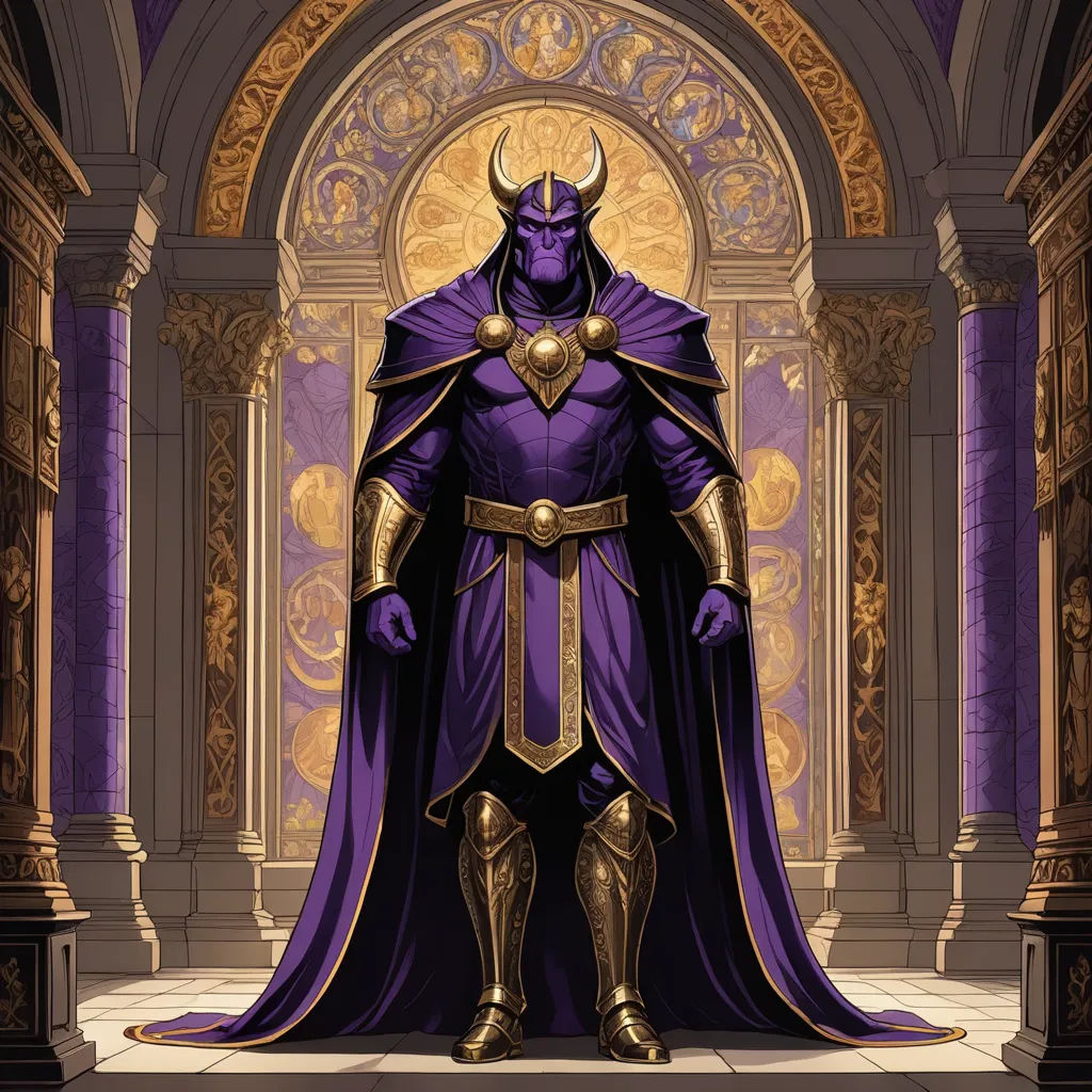 a purple and gold colored man in a purple and gold colored outfit with a horned head and shoulders, standing in a doorway, fantasy art, concept art, Art of Brom, purple