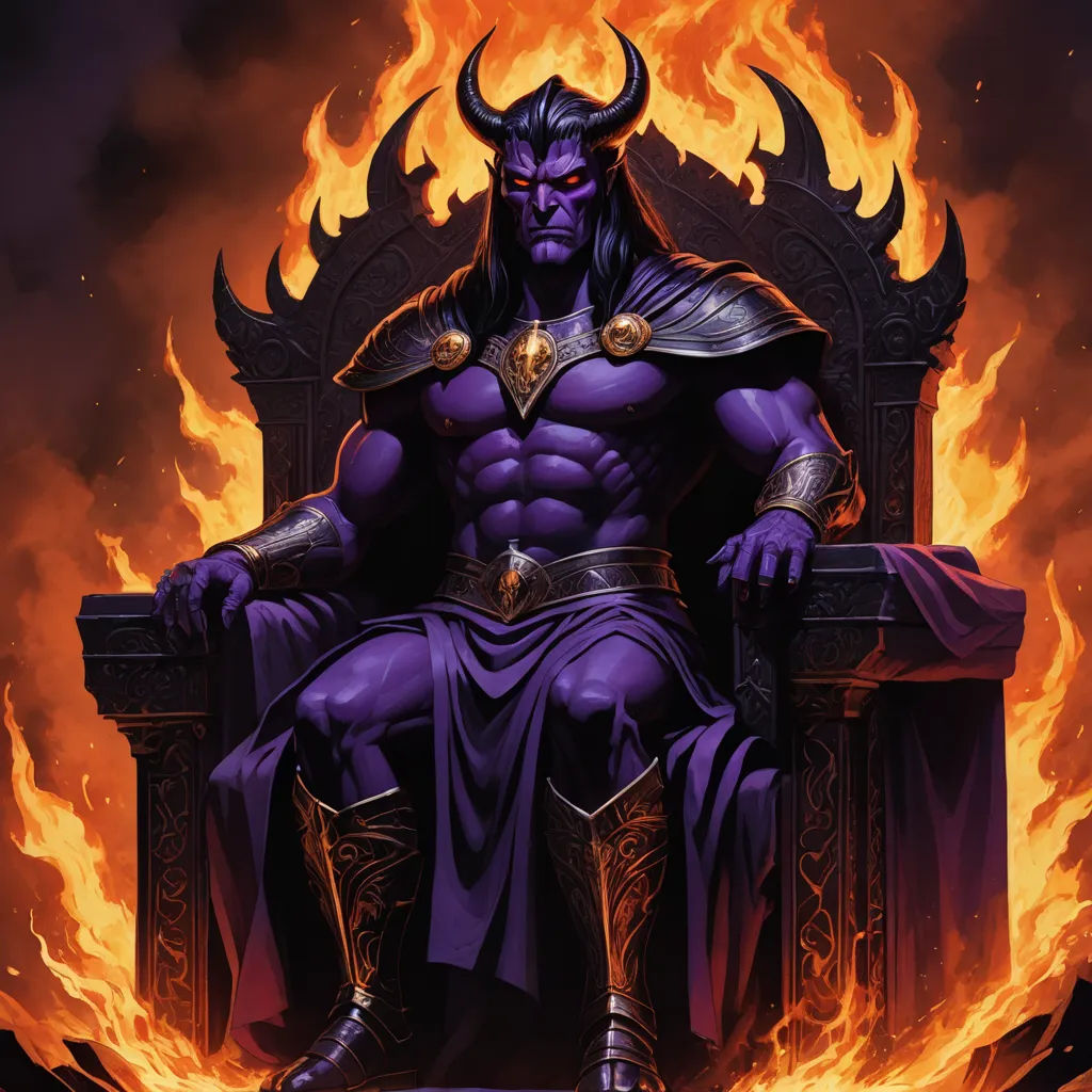 a man sitting on a throne in front of a fire filled background with flames and a demon like head, fantasy art, a comic book panel, Art of Brom, purple