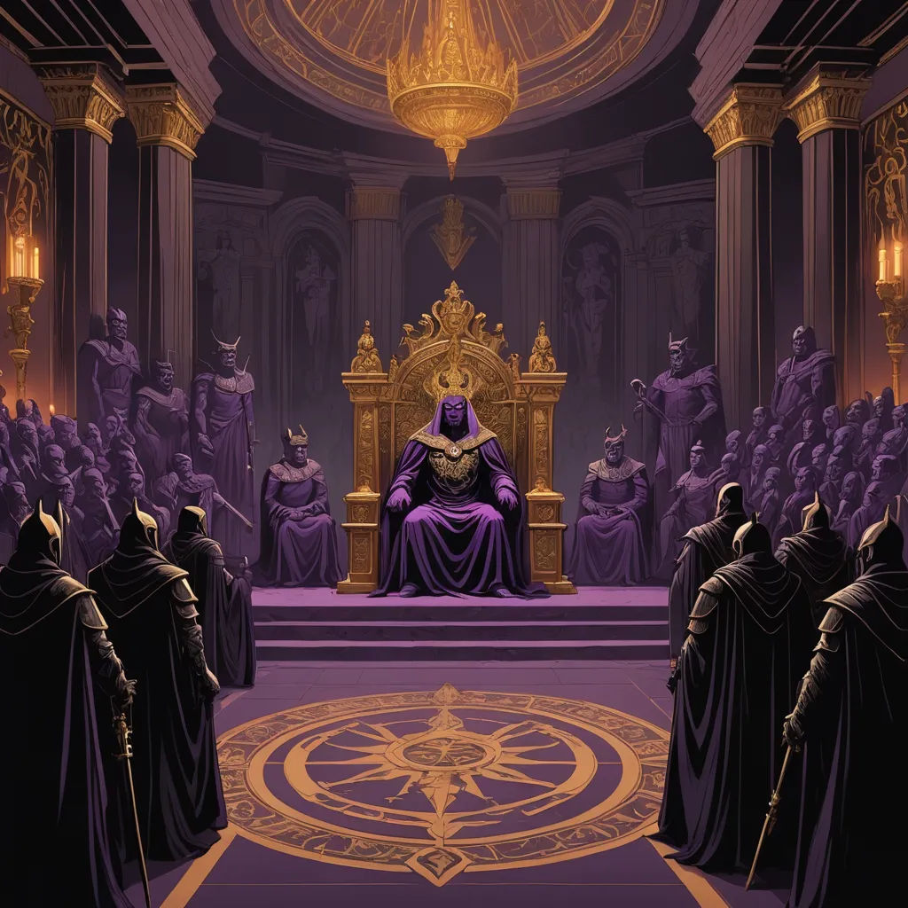 a painting of a man sitting on a throne surrounded by other men in robes and robes, in a hall with a gold ceiling, fantasy art, concept art, Dan Mumford, purple