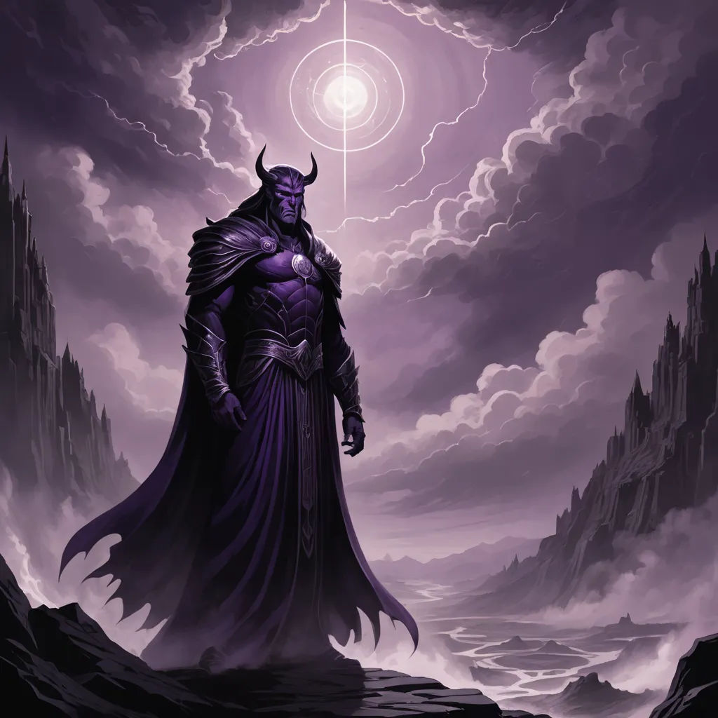 a man in a purple robe standing in front of a purple sky with a lightening ball in the middle of his head, fantasy art, an ultrafine detailed painting, Art of Brom, magic the gathering artwork