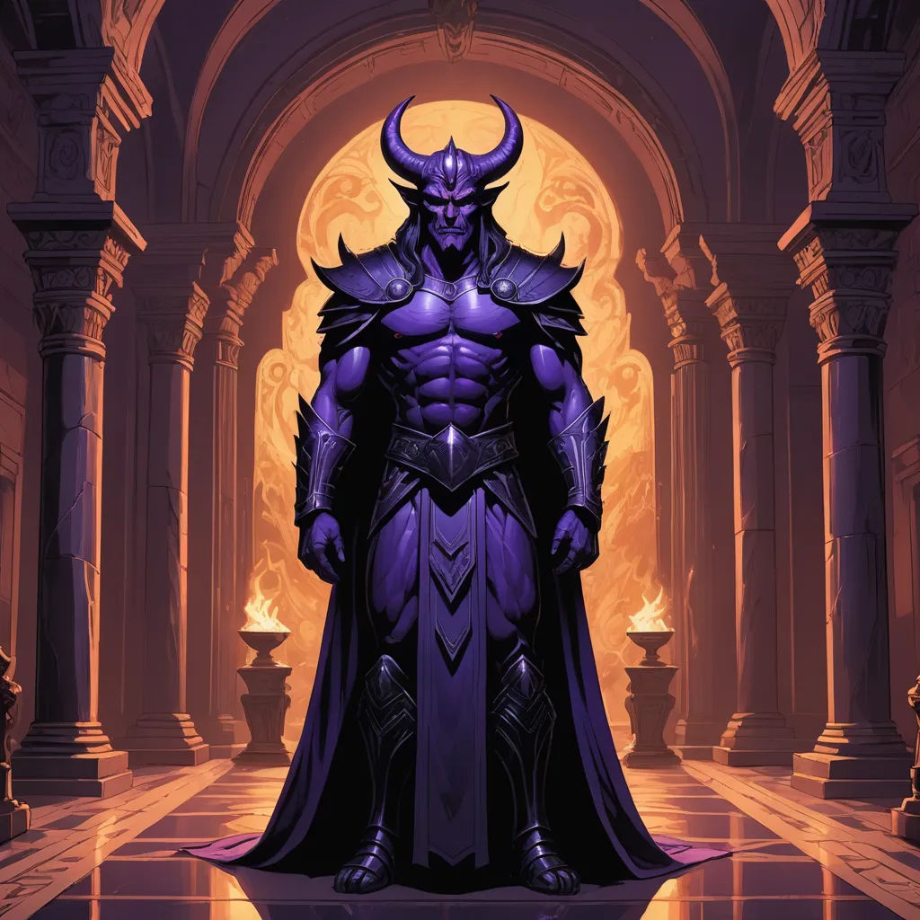 a man in a purple outfit standing in a hallway with a demon on his back and a demon on his chest, fantasy art, concept art, Art of Brom, magic the gathering artwork