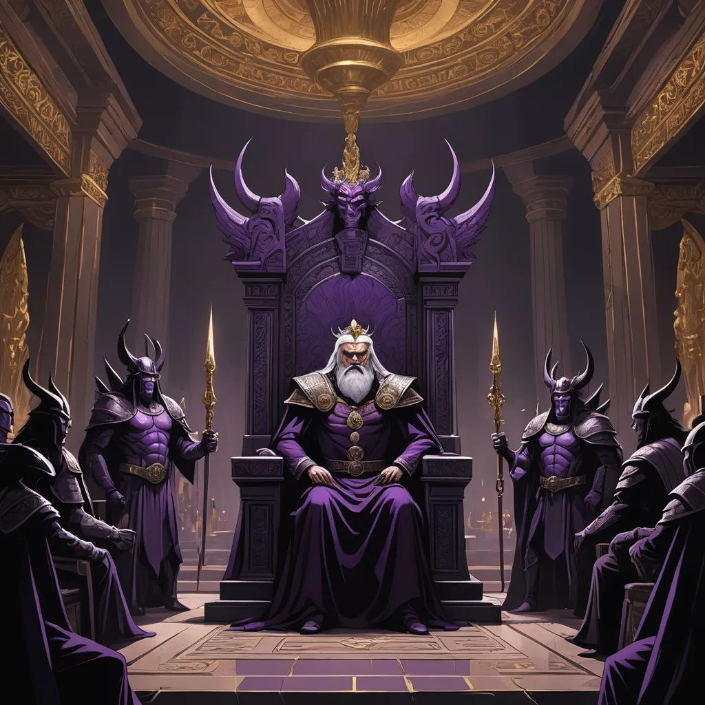 a group of men sitting on a throne with horns on their heads and a demon on their chest, all dressed in purple, fantasy art, concept art, Christophe Vacher, purple
