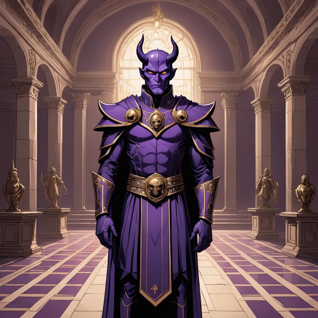 a man in a purple costume standing in a hall with statues behind him and a window in the background, fantasy art, concept art, Art of Brom, purple