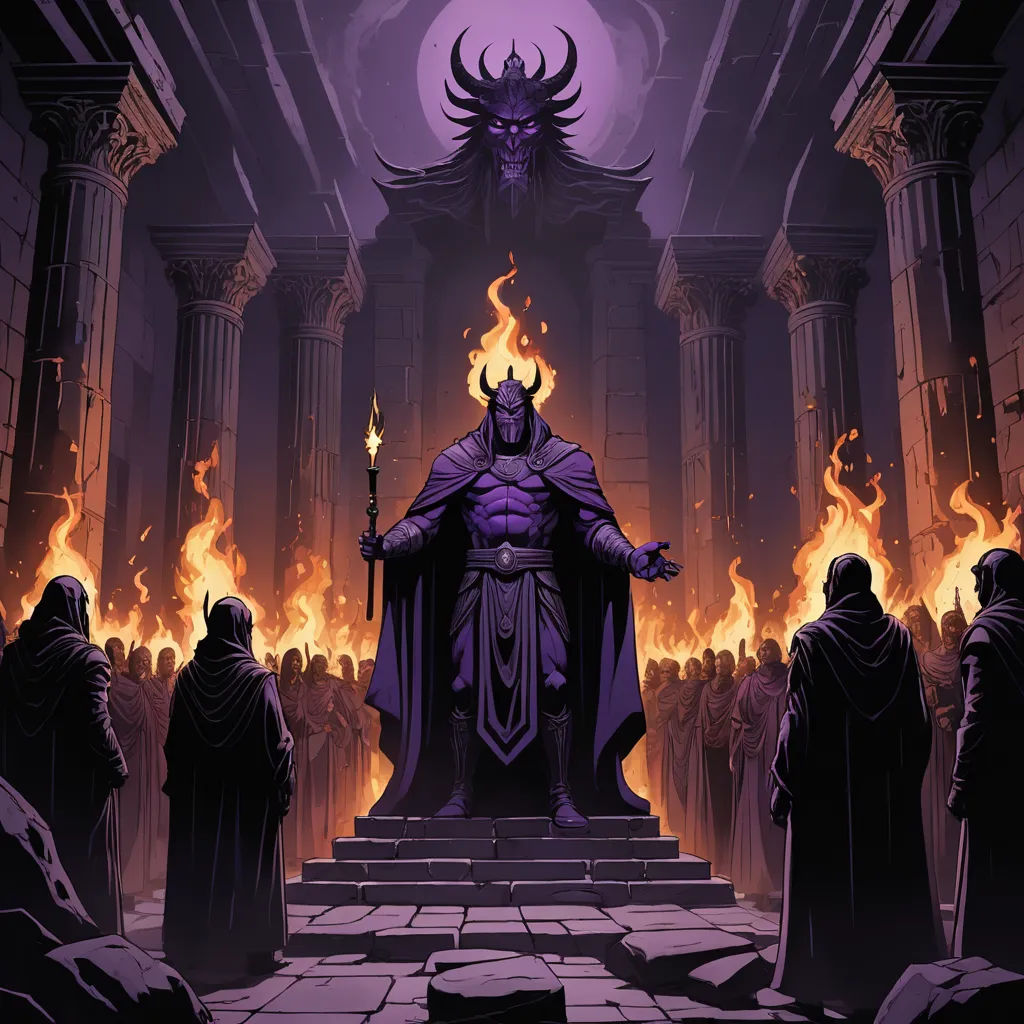 a demonic demon standing in front of a crowd of people in a dark room with a giant demon on it, fantasy art, concept art, Art of Brom, magic the gathering artwork