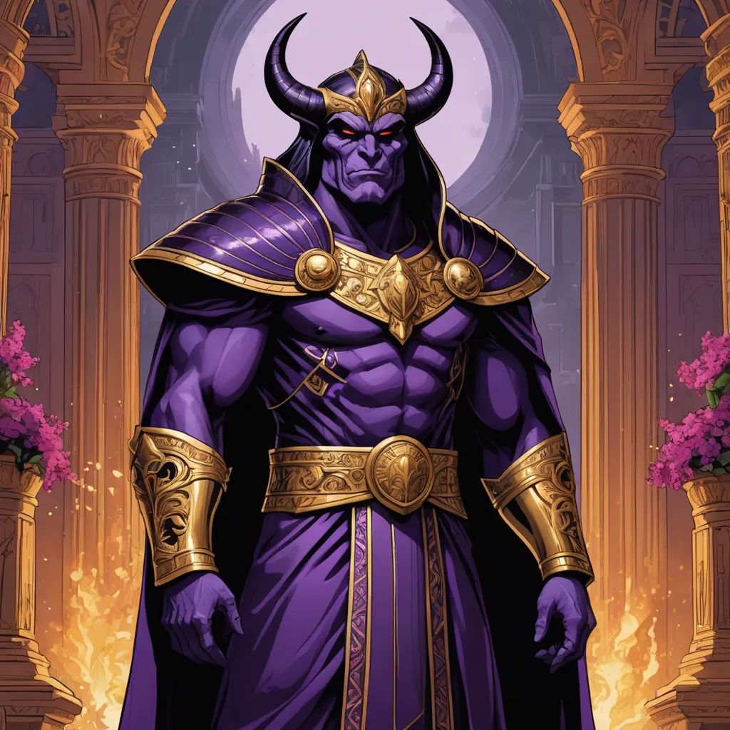 a man in a purple outfit with horns and a horned head standing in front of a building with columns, sumatraism, a statue, Art of Brom, purple