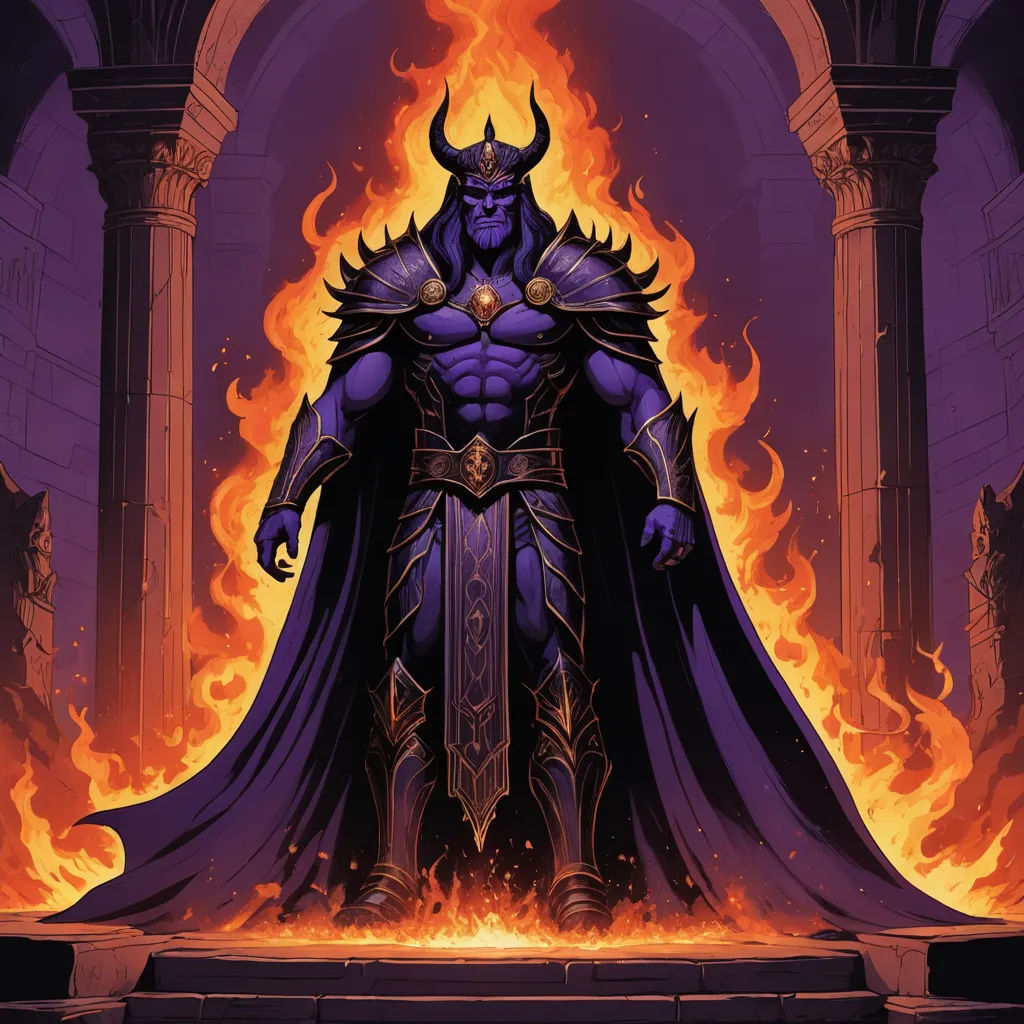 a man in a purple outfit standing in front of a fire filled archway with a demon on it's chest, fantasy art, concept art, Art of Brom, purple
